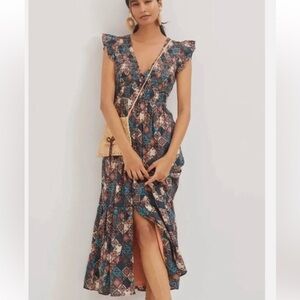 Anthropologie Brown and Blue Patterned Peregrine Maxi Dress
